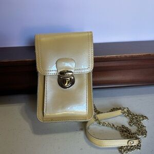 Cell Phone case bag compact size glossy yellow patent leather gold tone strap